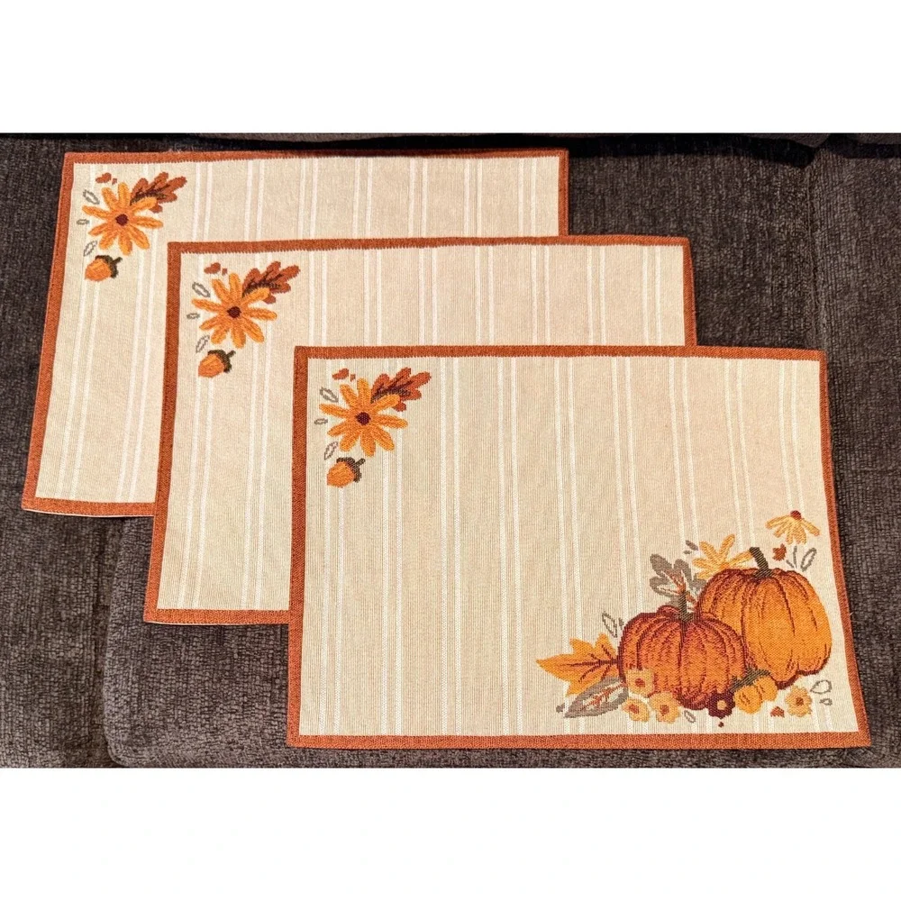 Happy Thanksgiving Day Pumpkin Fall Leaves Placemats Set of 3
